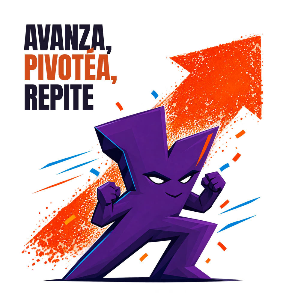Personaje de Kissa en posición enérgica junto a la frase avanza, pivotéa y repite
