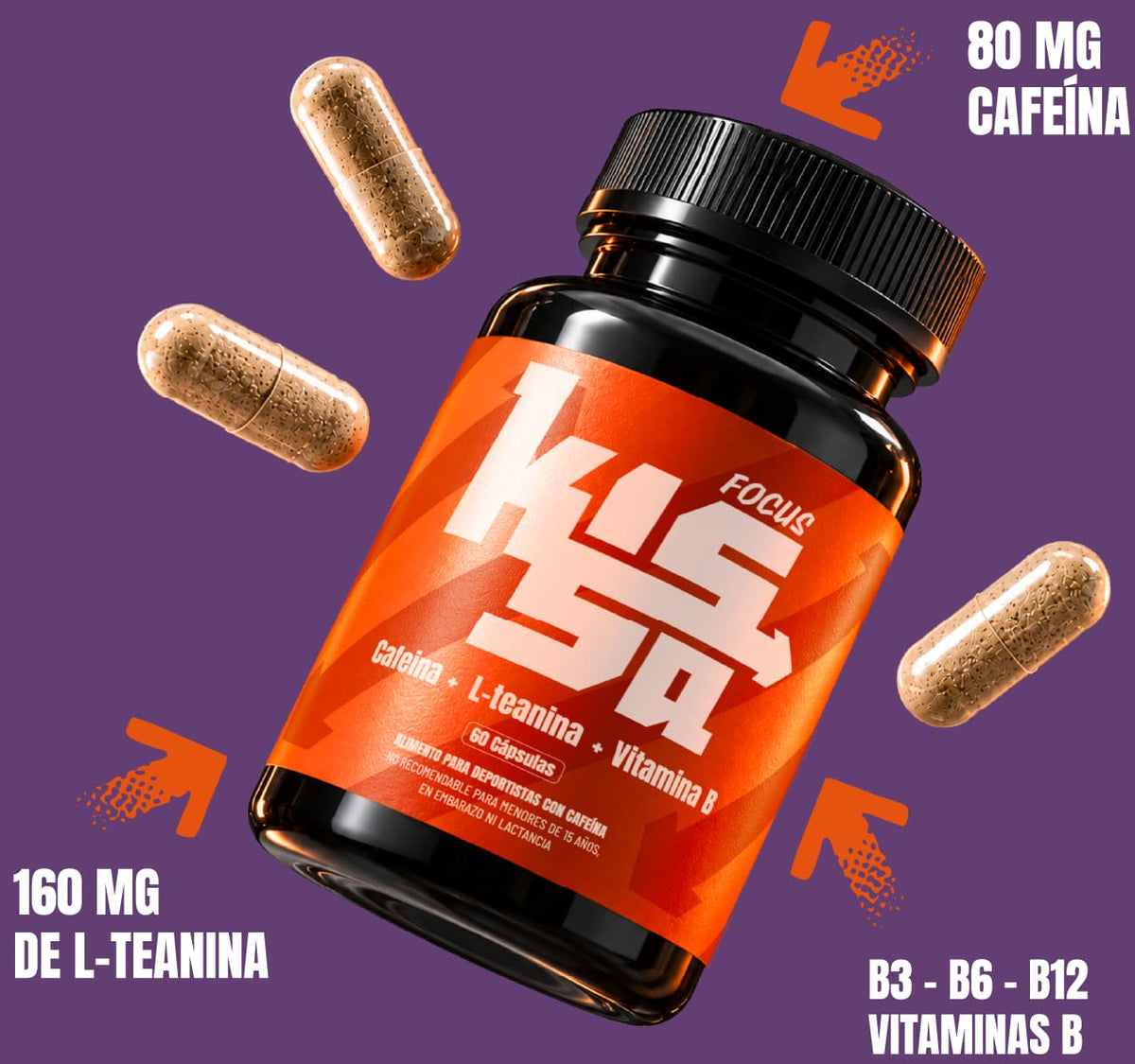 Botella Kissa mostrando sus ingredientes: 80 mg de cafeína, 160 mg de L-teanina y vitaminas B3 - B6 - B12