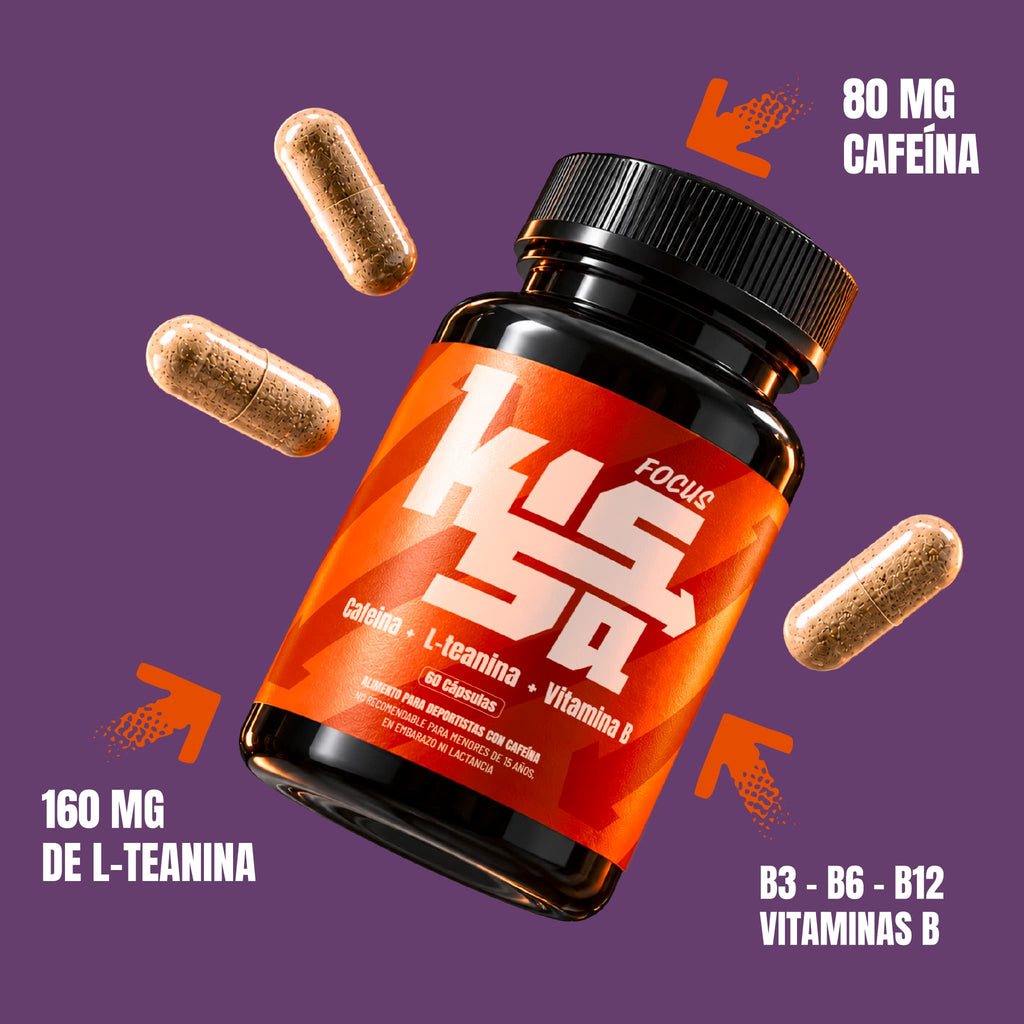 Botella Kissa mostrando sus ingredientes: 80 mg de cafeína, 160 mg de L-teanina y vitaminas B3 - B6 - B12