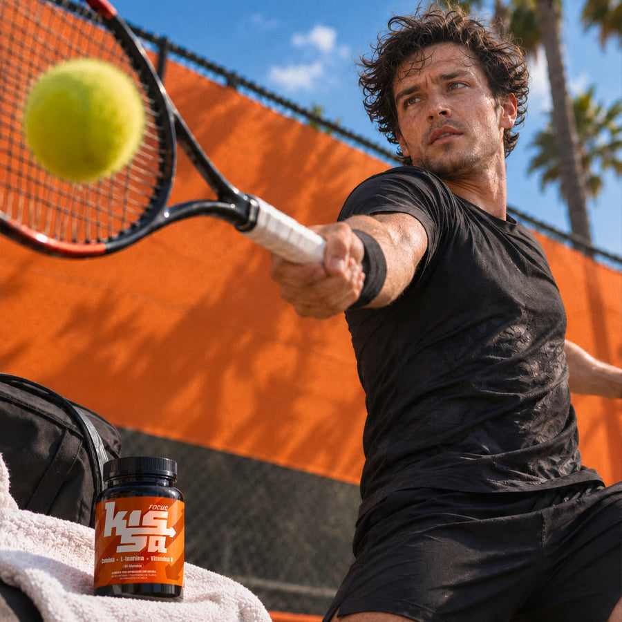 Hombre jugando tenis en una cancha de arcilla, con un frasco de Focus Kissa en primer plano
