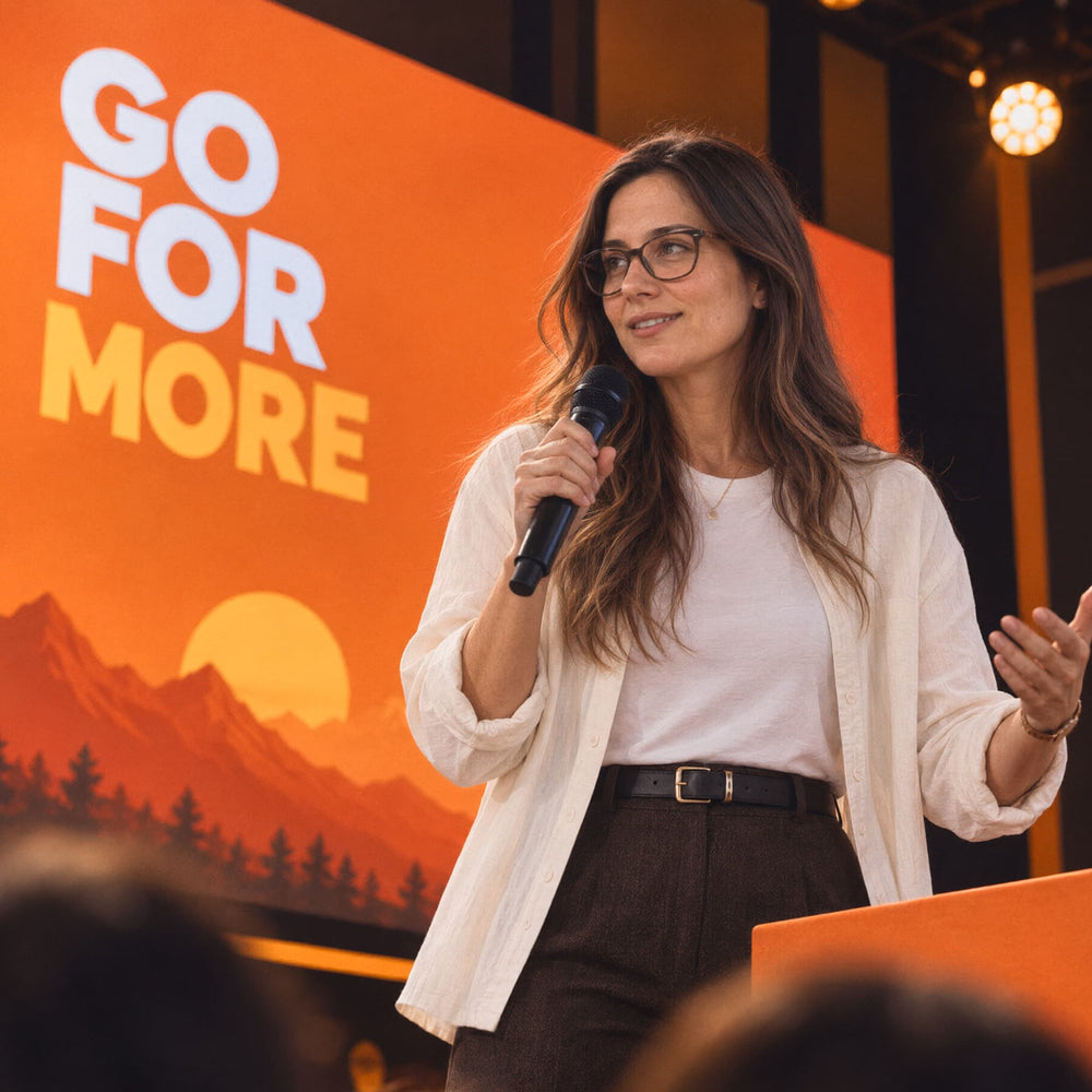 Mujer exponiendo en un escenario frente a una pantalla que dice Go for more