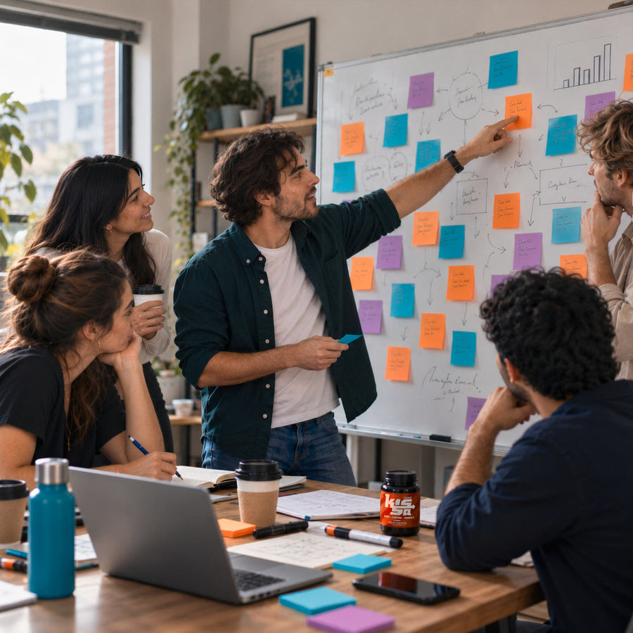 Equipo de trabajo organizando ideas con post-its en una pizarra