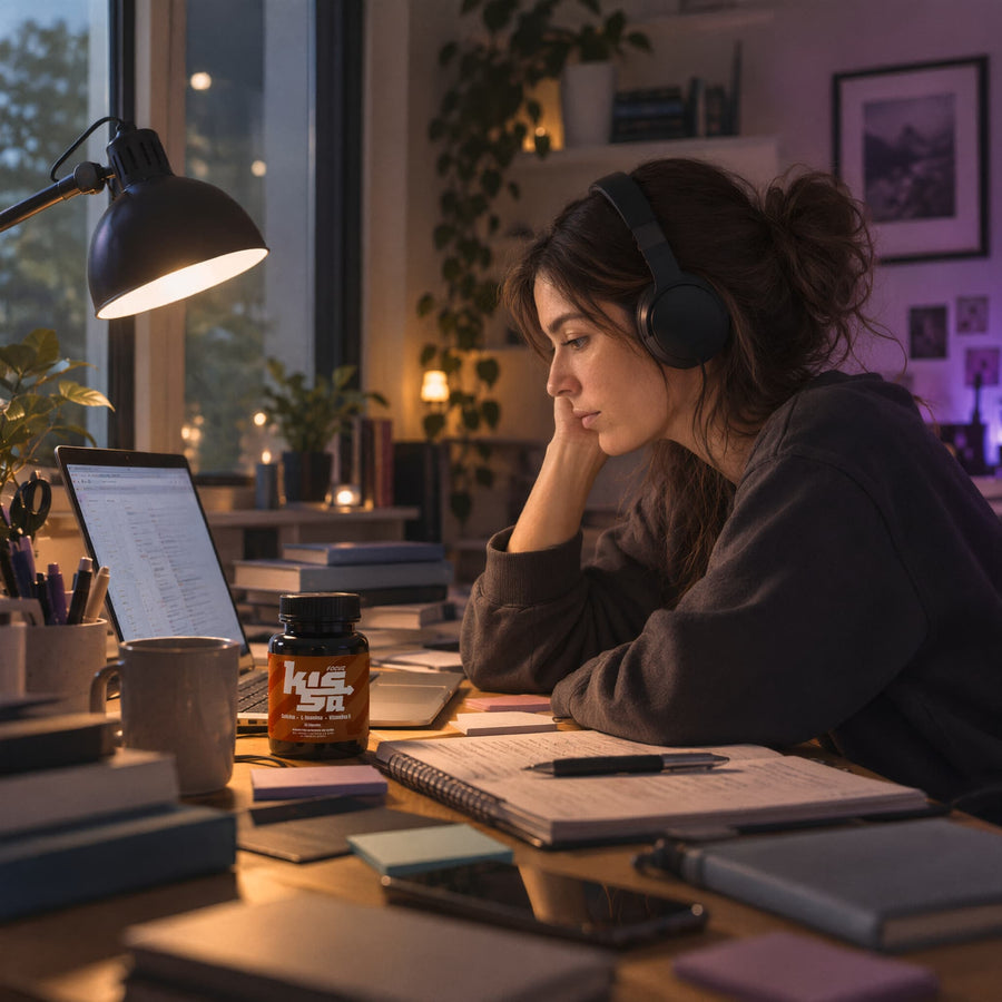 Mujer trabajando de noche en su escritorio, cansada, junto a un frasco de Focus Kissa